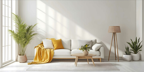 a simple living room with white walls a sofa and coffee table a carpet on the floor green plants in 