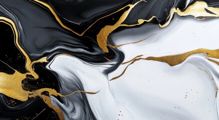 Poster - Elegant black and white abstract art with golden accents for modern decor