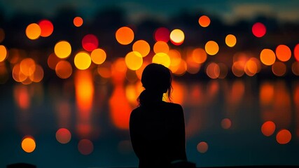 Wall Mural - Silhouette of a woman against vibrant city lights bokeh at dusk
