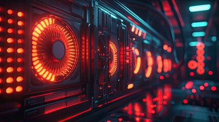 Poster - Intricate futuristic metal panels with glowing red lights and a dark background .