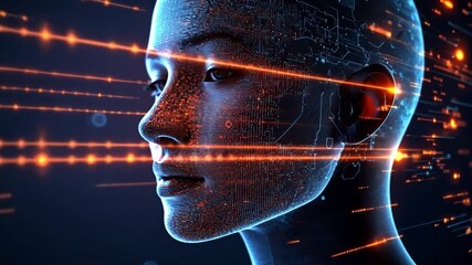 Poster - AI concept with glowing circuitry and humanoid silhouette on a dark background