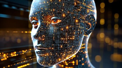 Poster - Artificial intelligence concept featuring a futuristic digital face with glowing circuits at night