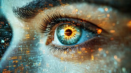a close up of a human eye with a digital overlay showing glowing data in a mesmerizing abstract imag