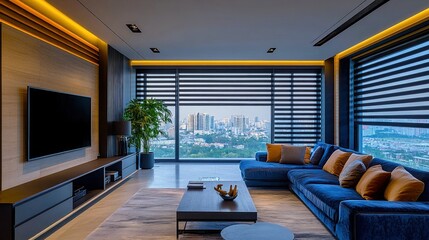 Wall Mural - Modern living room with city view and stylish decor.