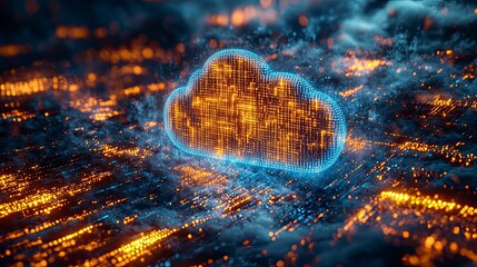 Poster - A glowing blue and orange cloud shaped network  on a dark digital background of abstract lights.