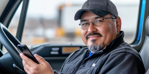 Poster - supervisor using smartphone inside truck fleet logistics center closeup portrait professional enviro