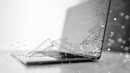 A silver laptop computer with a digital network of data and connections emanating from it.