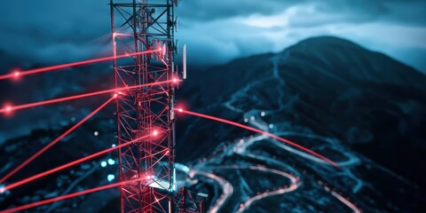 Poster - antenna tower transmitting radio waves mountainous area technology visualization atmospheric conditi