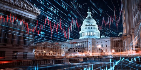 Poster - financial analysis event capitol building with stock market graphics overlay washington d.c. digital