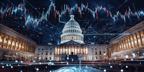 Poster - financial trends analyzed at capitol building stock market graphics overlay night scene urban enviro