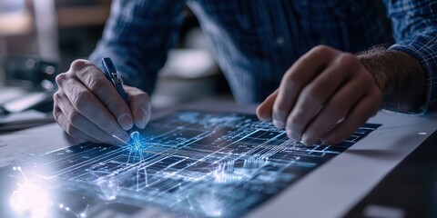 Poster - electrician planning home wiring project in modern workspace digital blueprint analysis professional