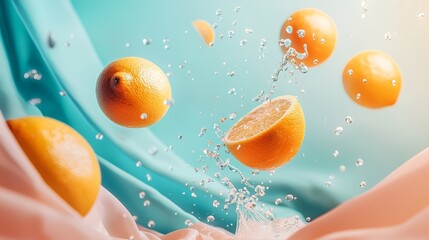 Poster - Floating Oranges in Water Splash on Colorful Background