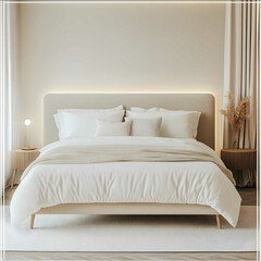 A modern bed with white linen wooden legs and beige headboard in an empty bedroom interior The design is minimalist and sleek featuring clean lines and neutral colors t