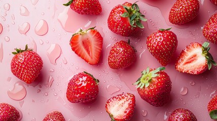 Wall Mural - Fresh strawberries with water droplets on a pink background