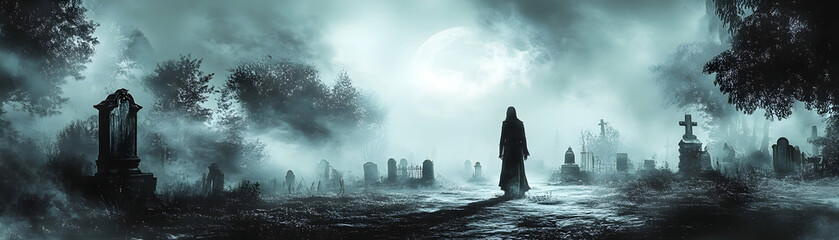 Wall Mural - A solitary figure walks through a misty graveyard under a full moon,  the  graves  are  covered  in  fog and  the  atmosphere  is  eerie