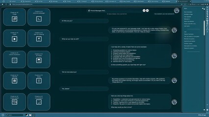 Fototapete - AI LLM chatbot software interface showing virtual assistant answering user prompts using predictive technology. Large language model program UI communicating with user through artificial intelligence
