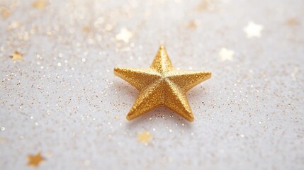 Wall Mural - Minimalist Christmas decoration with a single gold star centered on a white background, surrounded by faint glitter and bokeh effects