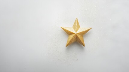 Wall Mural - Minimalist Christmas decoration with a single gold star centered on a white background, surrounded by faint glitter and bokeh effects