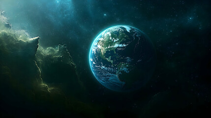 Wall Mural - Digital Painting of Earth in Space, Surrounded by Nebula, Showing North America, cosmic art, space background,  planet earth wallpaper, 3D digital illustration