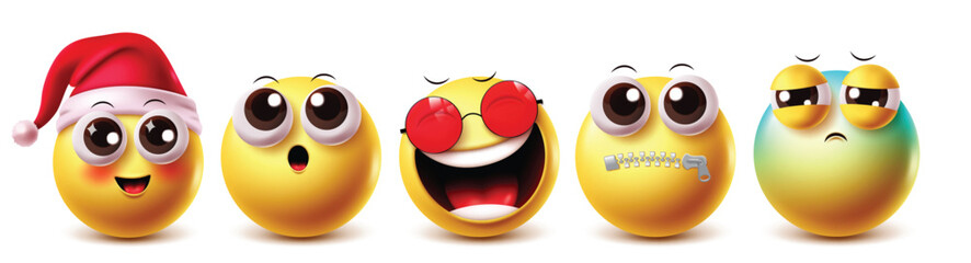 Poster - Laughing emoji vector characters set. Emojis clipart cute xmas santa character with yellow icon elements facial expressions like cute, shock, laugh, dumb and worried emotions. Vector illustration 
