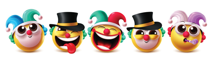 Poster - Clown emoji vector characters set. Birthday clowns wearing colorful party hat costume in joker, funny, happy face, and blow facial expressions clip art characters. Vector illustration birthday clown 