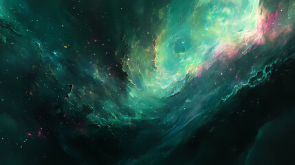 Wall Mural - Cosmic canvas featuring green, blue, and pink galaxies, stars, and nebulae in deep space. stunning background illustrating the beauty of the cosmos. Nebula. Illustration
