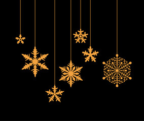 Canvas Print - Stylish gold snowflakes of various designs hanging on a black backdrop, adding a touch of sophistication to winter and holiday-themed visuals.