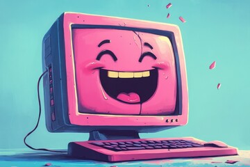 Poster - A pink computer monitor with a smiling face and cracked screen on a blue background.