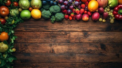 Wall Mural - Variety of fresh fruits and vegetables on wooden surface