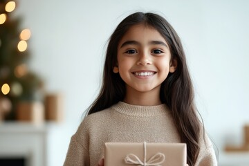 Wall Mural - With a cheerful and bright smile, this young girl holding a wrapped gift perfectly captures the excitement and warmth of gift-giving in the holiday season.