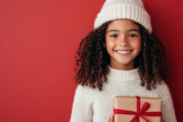 Wall Mural - A cheerful young girl wearing a cozy white sweater and a winter hat, holding a beautifully wrapped gift against a vibrant red backdrop, embodying holiday joy.