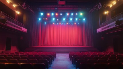 colorful spotlights on truss system on stage and red seats in blank concert hall
