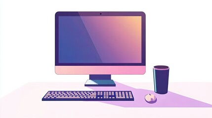 Poster - Desktop Computer with Keyboard, Mouse, and Cup on a Purple Surface