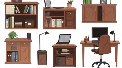 Sticker - A Set of Six Wooden Office Furniture Pieces, Including Bookshelves, a Desk, and a Chair