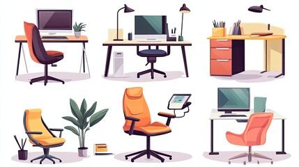 Poster - Set of Modern Office Desks, Chairs and Accessories