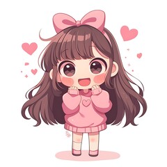 Wall Mural - Cute Chibi Girl with Big Eyes and Pink Outfit