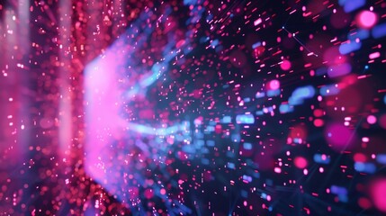Poster - Pink and blue particles are rapidly flowing through cyberspace, creating a futuristic data stream visualization of high speed information transfer