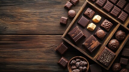 Wall Mural - Variety of gourmet chocolates on rustic wood surface