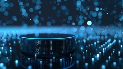 Poster - Futuristic podium with glowing lights illuminates a digital world with data flowing around, showcasing a concept of technological advancement and innovation