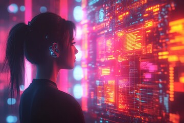 A woman stands in front of a large digital screen filled with glowing data and information in a futuristic setting.
