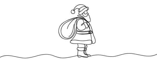 Wall Mural - Continuous one line drawing of santa claus with bag with gift greeting christmas icon in silhouette on a white background.