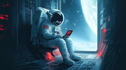 Wall Mural - astronaut working on a laptop inside a spacecraft with a view of a planet