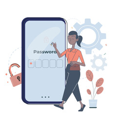 Poster - Woman with mobile password. Young girl near smartphone screen. Authorization and verification. Safety and security, personal data protection. Flat vector illustration isolated on white background