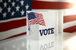© The Pixel Store - American citizens people USA voters standing in a row at polling station at vote center with us flags going to put their ballots in voting booth. Democracy and election day concept, Ai