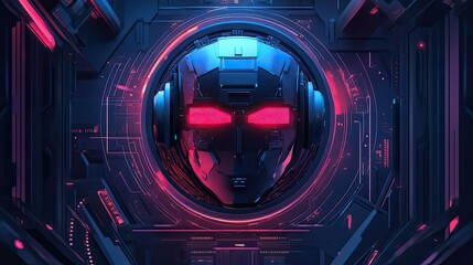 Poster - Futuristic Robot Head with Red Glowing Eyes in a Technological Interface
