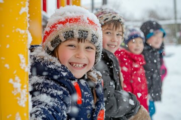 Joyful children playing together in snow at a playground during the winter season