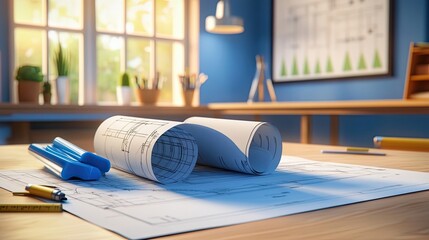Poster - Rolled Architectural Plans on a Desk