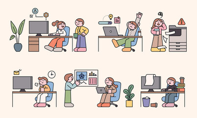 Fototapete - Many office workers working in the office. Cuttiny character with outline.