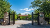 A grand zoo entrance with tall gates, showcasing an inviting and impressive entryway. The gates are adorned with intricate designs, welcoming visitors to explore the wildlife and exhibits within.