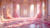 Opulent palace interior bathed in soft pink light cascading rose petals ornate gold fixtures dreamy atmosphere regal ambiance. Regal. Illustration